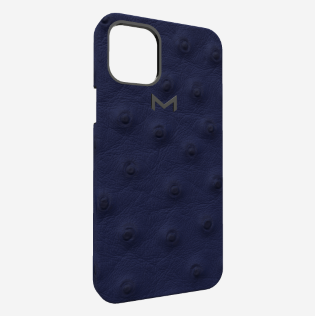 elegant ostrich leather folio case for iPhone 12 mini blue